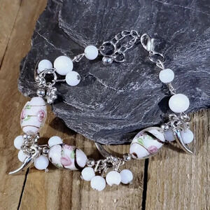 Vintage Murano Glass Beads White Silver Charm Bracelet Style B